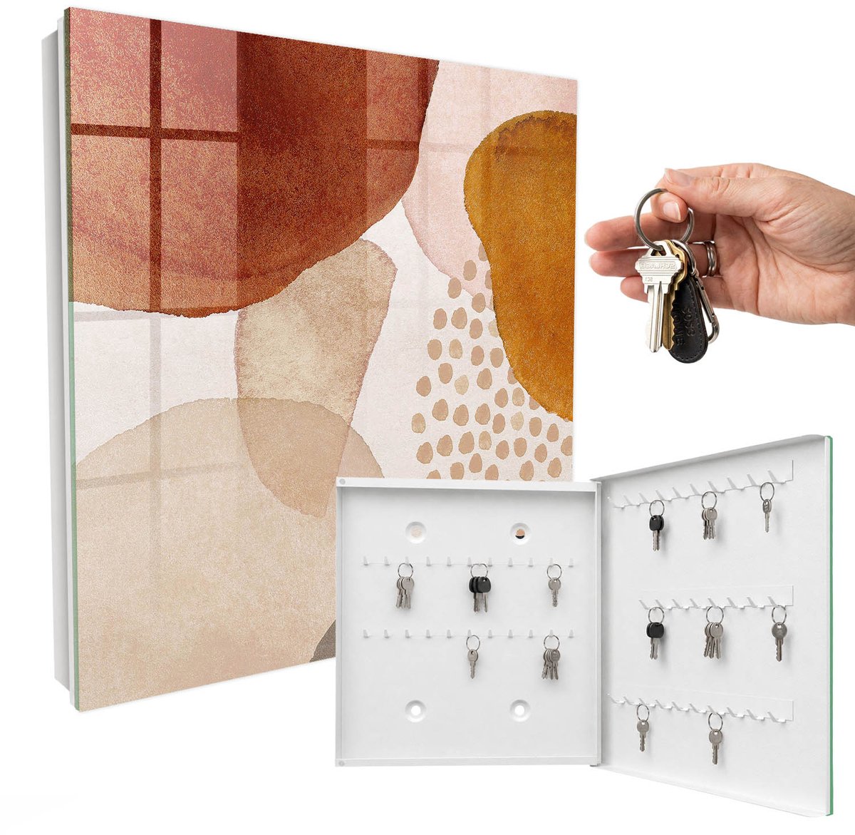 WallMuralia - Sleutelkast - 30x30x5 cm - met 50 haken - Abstracte Vlekken Sleutelkastje Binnen - Beige Sleutelbox - Rechtsopenend - Wit interieur