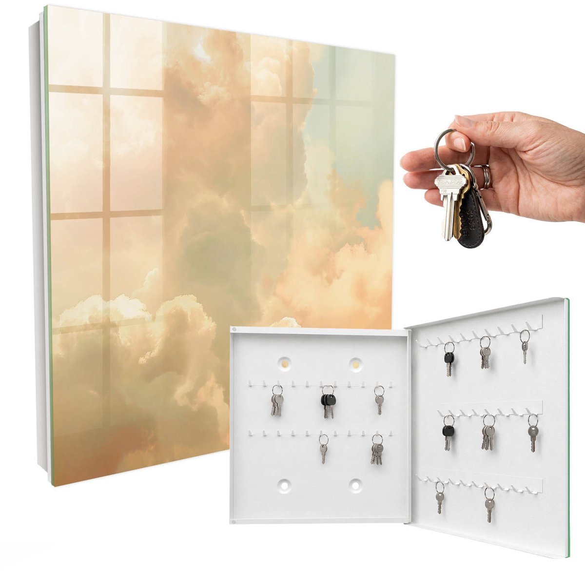 WallMuralia - Sleutelkast - 30x30x5 cm - met 50 haken - Pastelkleurige Wolken Leuk Sleutelkastje - Beige Sleutelbox - Rechtsopenend - Wit interieur