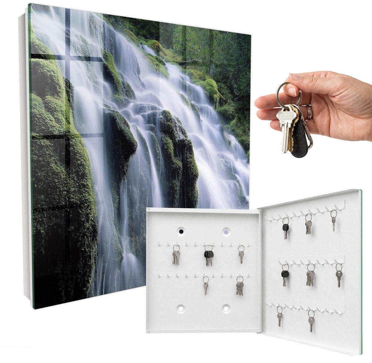 WallMuralia - Sleutelkast - 30x30x5 cm - met 50 haken - Groene Waterval Sleutelkastje Voor Binnen - Groente Sleutelbox - Rechtsopenend - Wit interieur