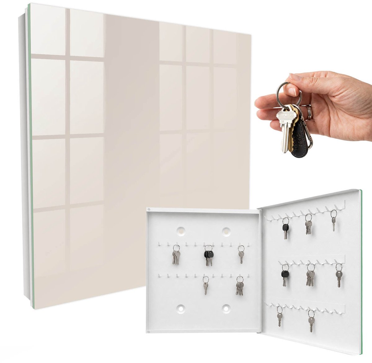 WallMuralia - Sleutelkast - 30x30x5 cm - met 50 haken - Beige Steen Sleutelkastje Huis - Romig Sleutelbox - Rechtsopenend - Wit interieur