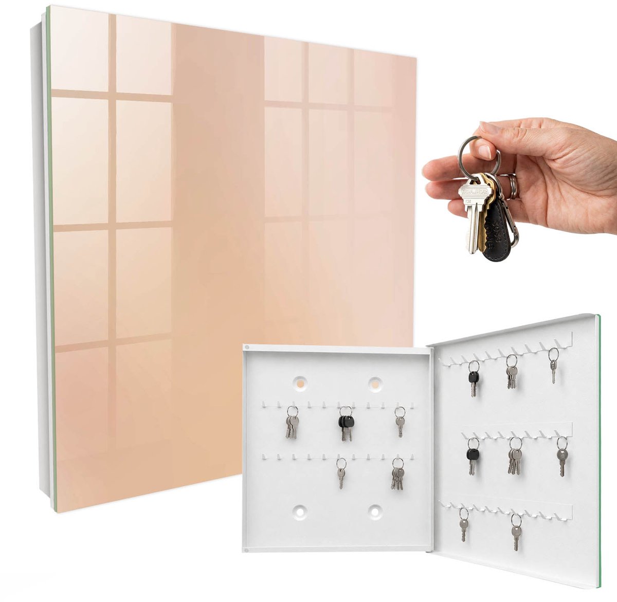 WallMuralia - Sleutelkast - 30x30x5 cm - met 50 haken - Pasteltinten Sleutelkastje Gang - Beige Sleutelbox - Rechtsopenend - Wit interieur