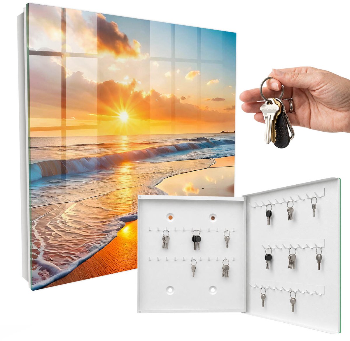 WallMuralia - Sleutelkast - 30x30x5 cm - met 50 haken - Zonsondergang Boven De Oceaan Sleutelkastje Design - Oranje Sleutelbox - Rechtsopenend - Wit interieur