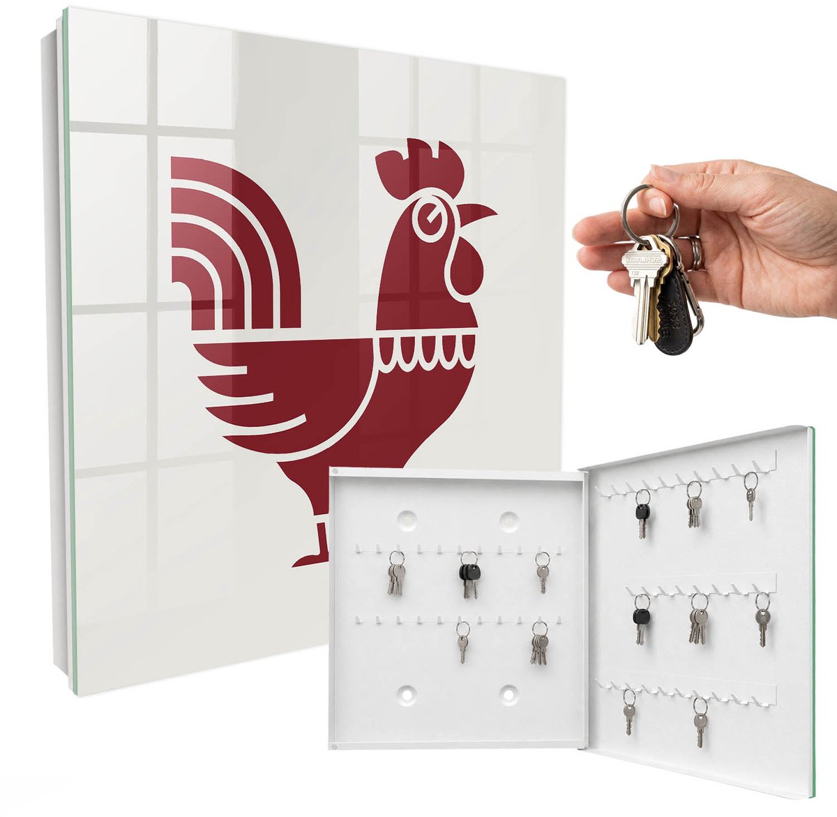 WallMuralia - Sleutelkast - 30x30x5 cm - met 50 haken - Haan Volksstijl Sleutelkastje Muur - Bordeaux Sleutelbox - Rechtsopenend - Wit interieur