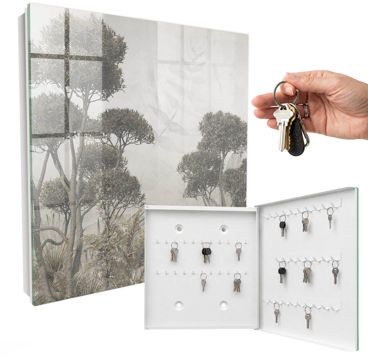 WallMuralia - Sleutelkast - 30x30x5 cm - met 50 haken - Sensuele Natuur Sleutelkastje Modern - Grijs Sleutelbox - Rechtsopenend - Wit interieur