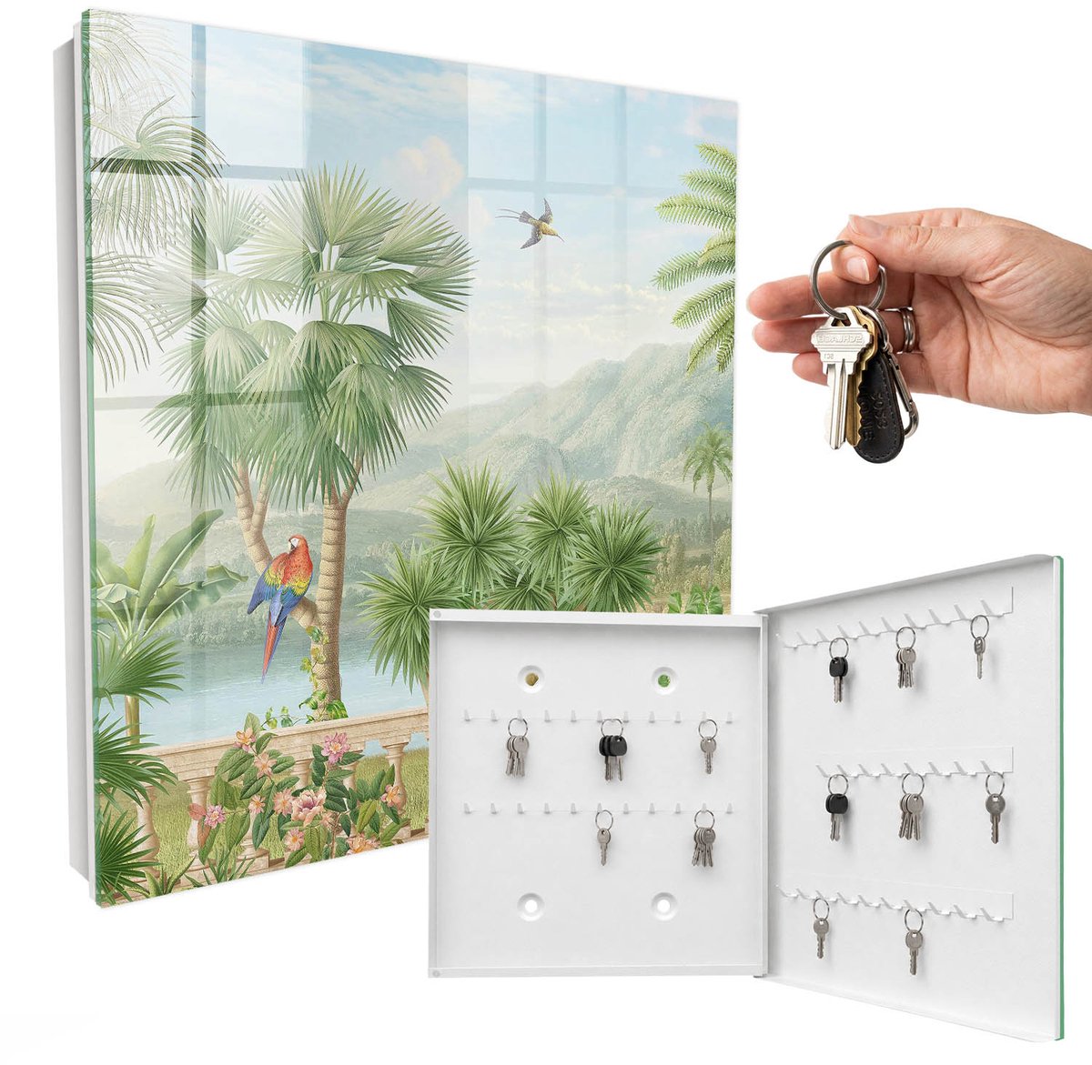 WallMuralia - Sleutelkast - 30x30x5 cm - met 50 haken - Tropisch Paradijs Sleutelkastje Klein - Groente Sleutelbox - Rechtsopenend - Wit interieur