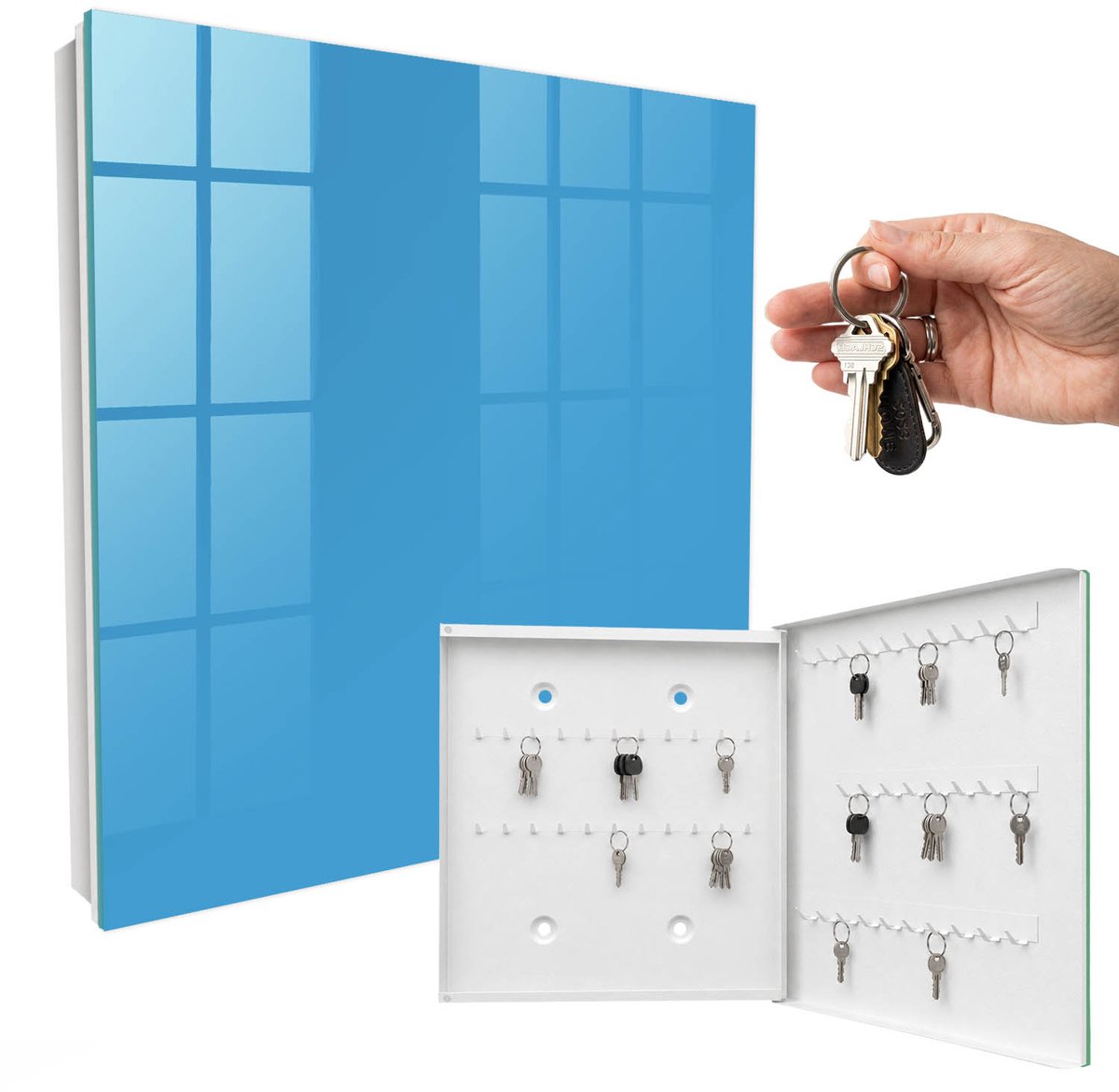 WallMuralia - Sleutelkast - 30x30x5 cm - met 50 haken - Blauw Water Sleutelkastje Voor Binnen - Blauw Sleutelbox - Rechtsopenend - Wit interieur