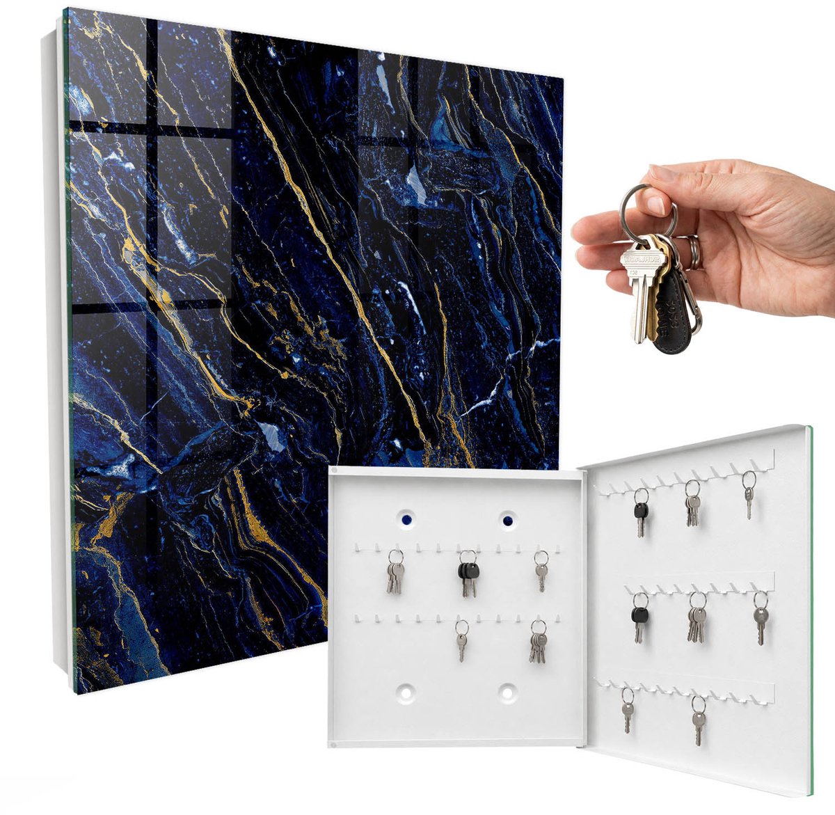WallMuralia - Sleutelkast - 30x30x5 cm - met 50 haken - Marineblauw Patroon Sleutelkastje Landelijk - Marine Sleutelbox - Rechtsopenend - Wit interieur