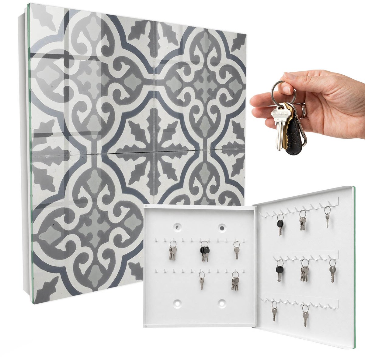 WallMuralia - Sleutelkast - 30x30x5 cm - met 50 haken - Geometrisch Patroon Sleutelkastje Klein - Grijs Sleutelbox - Rechtsopenend - Wit interieur
