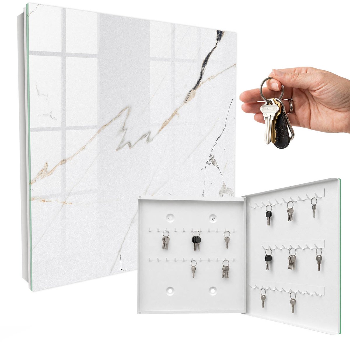 WallMuralia - Sleutelkast - 30x30x5 cm - met 50 haken - Elegant Marmer Design Sleutelkastje - Wit Sleutelbox - Rechtsopenend - Wit interieur