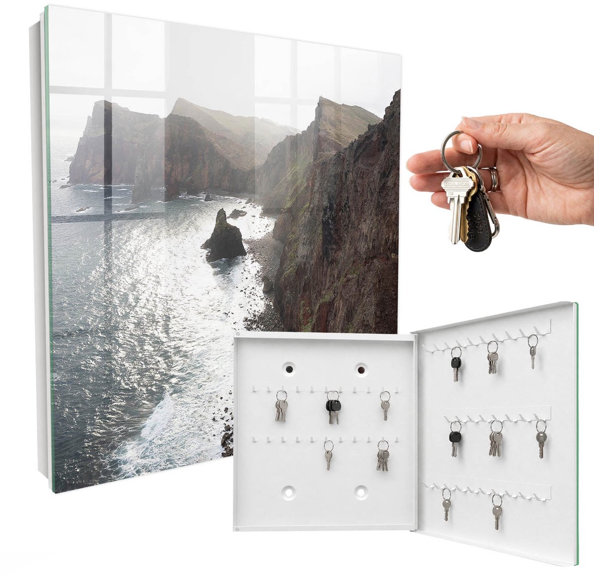 WallMuralia - Sleutelkast - 30x30x5 cm - met 50 haken - Oceaankliffen Sleutelkastje Industrieel - Bruin Sleutelbox - Rechtsopenend - Wit interieur