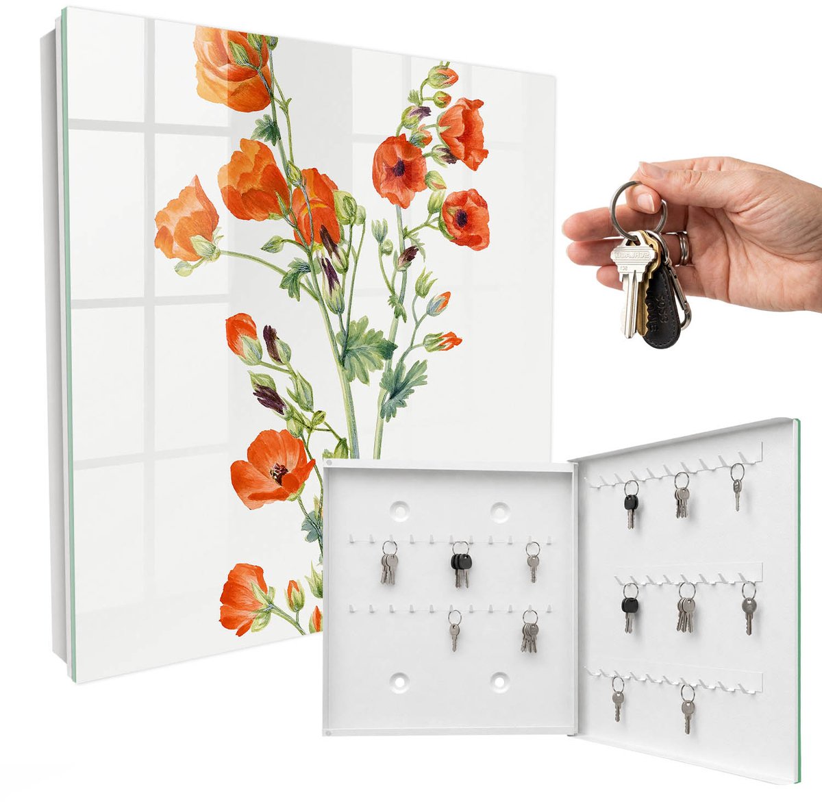 WallMuralia - Sleutelkast - 30x30x5 cm - met 50 haken - Oranje Klaprozen Sleutelkastje Industrieel - Wit Sleutelbox - Rechtsopenend - Wit interieur