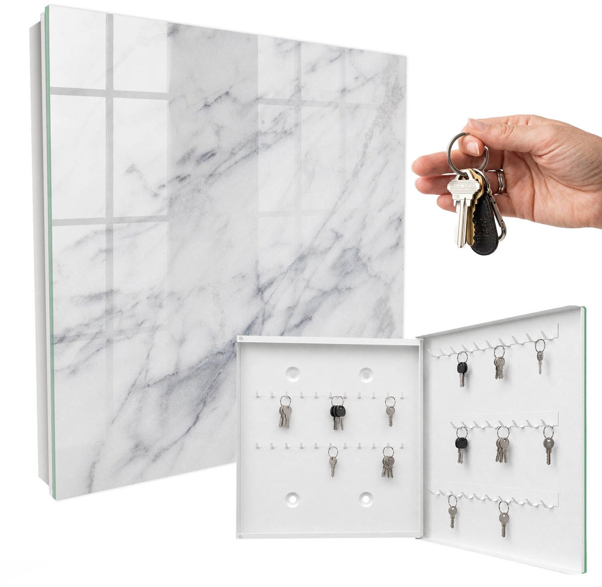 WallMuralia - Sleutelkast - 30x30x5 cm - met 50 haken - Marmeren Elegantie Sleutelkastje - Wit Sleutelbox - Rechtsopenend - Wit interieur