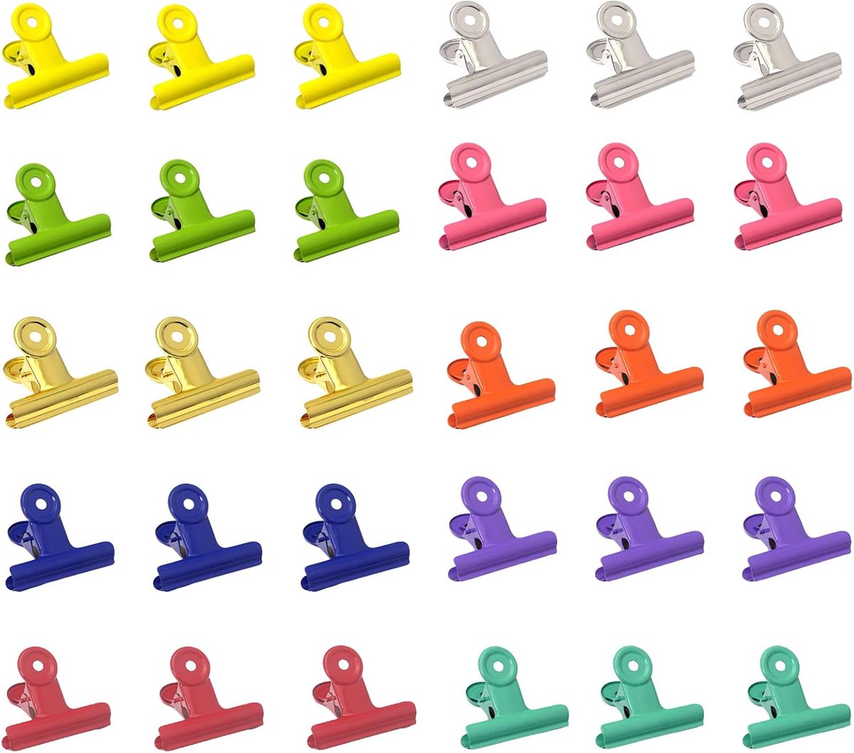 Bulldog clips 22 mm 30 stuks metalen scharnier briefklem multifunctionele clips voor foto's, levensmiddelenzak (10 kleuren)