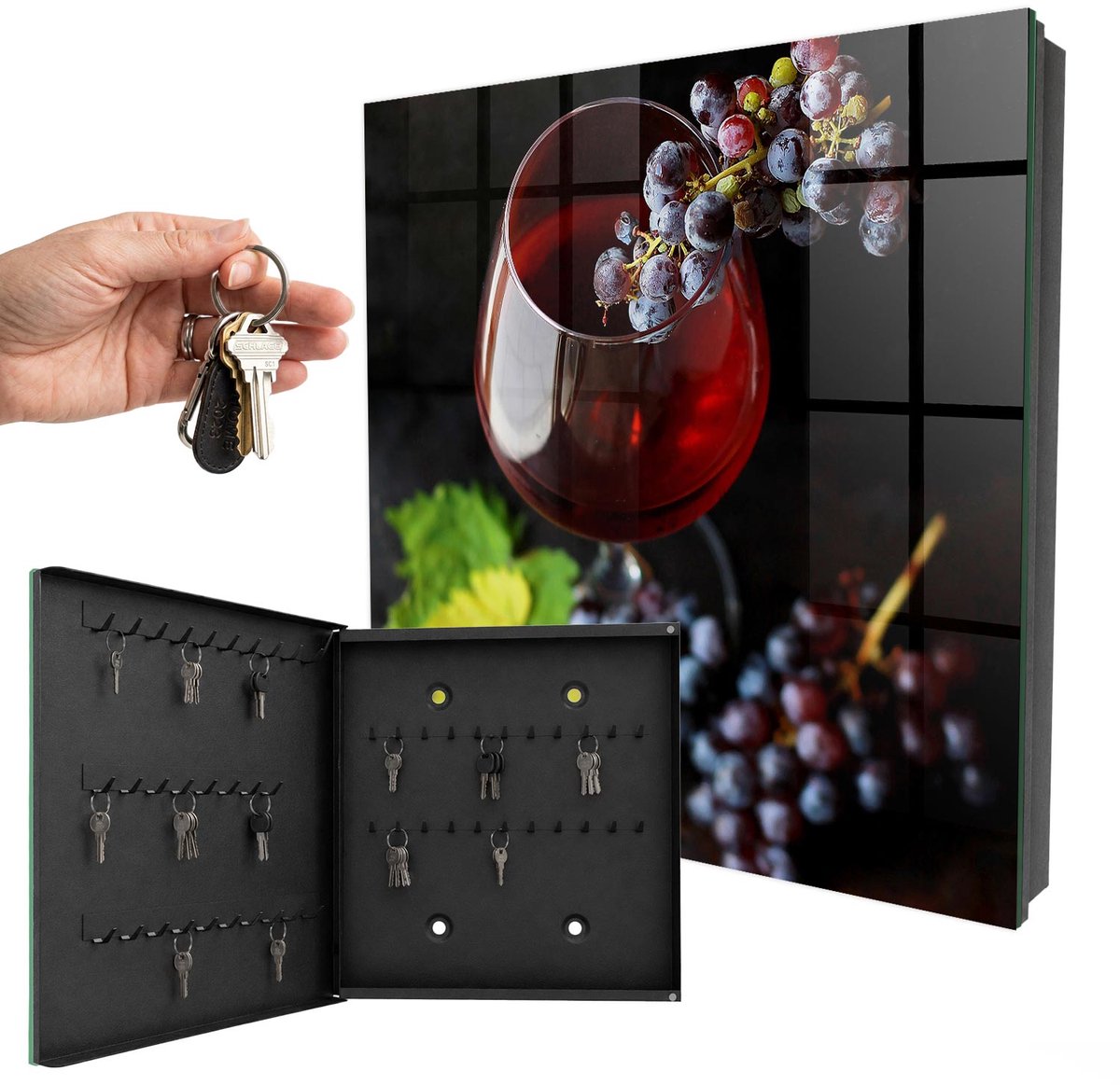 WallMuralia - Sleutelkast - 30x30x5 cm - met 50 haken - Wijndruiven Sleutelkastje Landelijk - Rood Sleutelbox - Linksopenend - Zwart interieur
