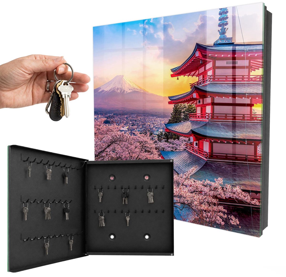 WallMuralia - Sleutelkast - 30x30x5 cm - met 50 haken - Japanse Harmonie Leuk Sleutelkastje - Roze Sleutelbox - Linksopenend - Zwart interieur