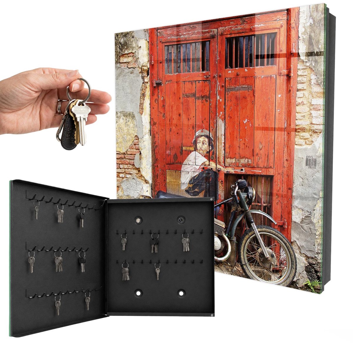 WallMuralia - Sleutelkast - 30x30x5 cm - met 50 haken - Straatkunst Design Sleutelkastje - Rood Sleutelbox - Linksopenend - Zwart interieur