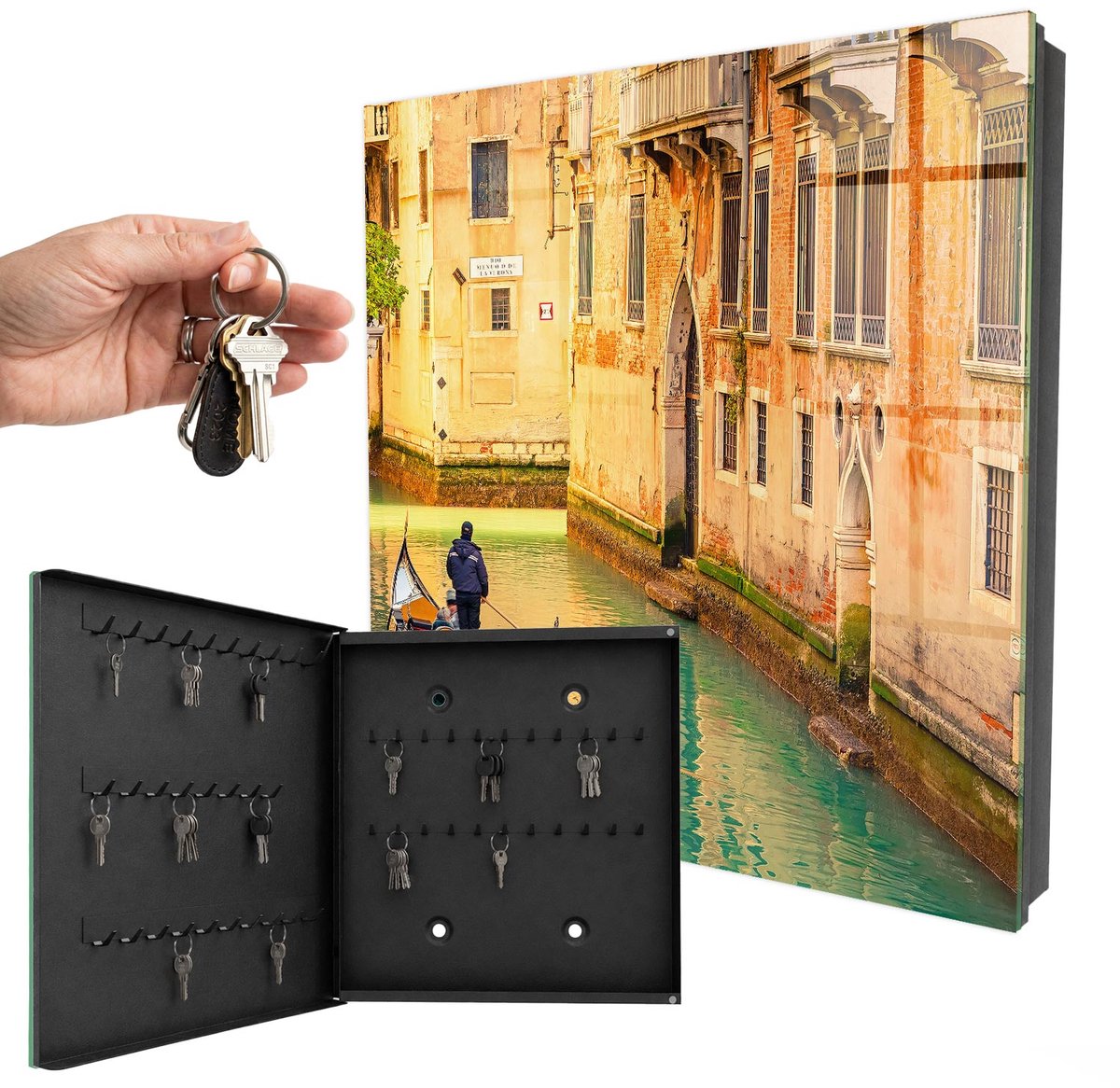 WallMuralia - Sleutelkast - 30x30x5 cm - met 50 haken - Kanaal Van Venetië Sleutelkastje Gang - Oranje Sleutelbox - Linksopenend - Zwart interieur