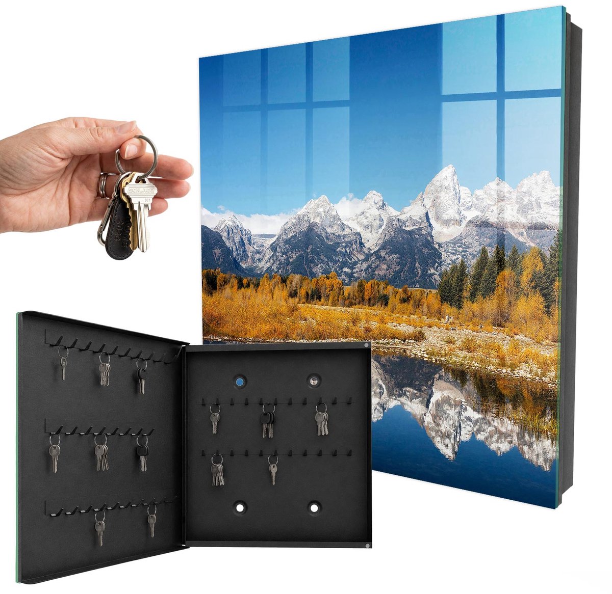 WallMuralia - Sleutelkast - 30x30x5 cm - met 50 haken - Gouden Herfst Design Sleutelkastje - Blauw Sleutelbox - Linksopenend - Zwart interieur