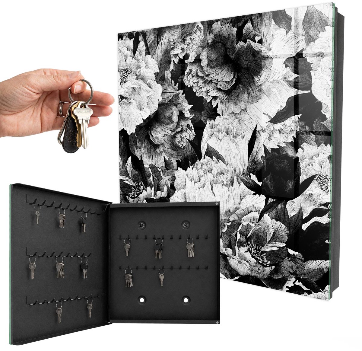 WallMuralia - Sleutelkast - 30x30x5 cm - met 50 haken - Zwart-Witte Bloemen Sleutelkastje Industrieel - Grijs Sleutelbox - Linksopenend - Zwart interieur