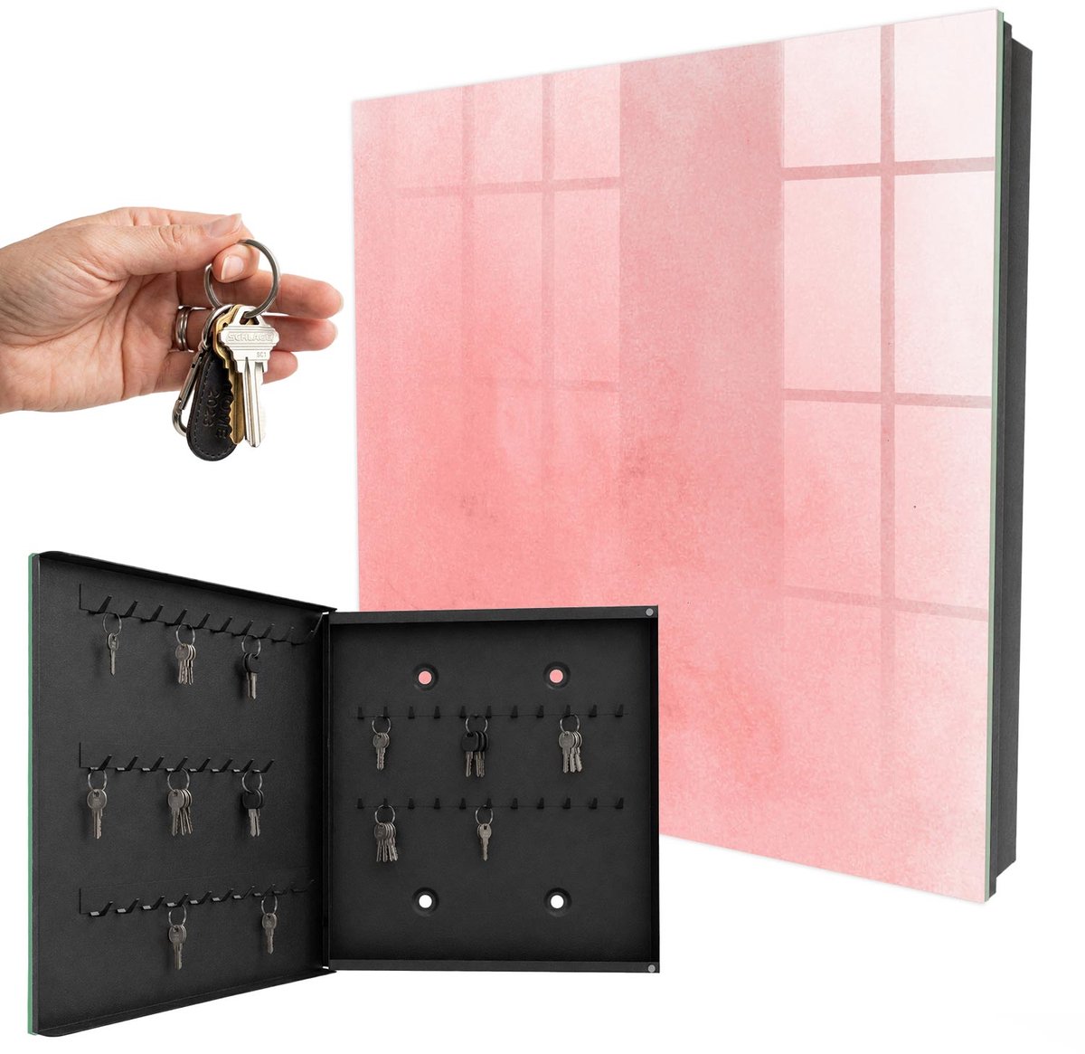 WallMuralia - Sleutelkast - 30x30x5 cm - met 50 haken - Roze Achtergrond Sleutelkastje Binnen - Roze Sleutelbox - Linksopenend - Zwart interieur