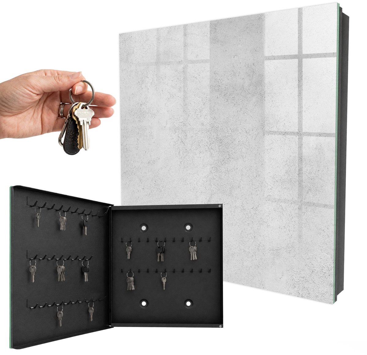 WallMuralia - Sleutelkast - 30x30x5 cm - met 50 haken - Grijze Textuur Sleutelkastje Design - Grijs Sleutelbox - Linksopenend - Zwart interieur