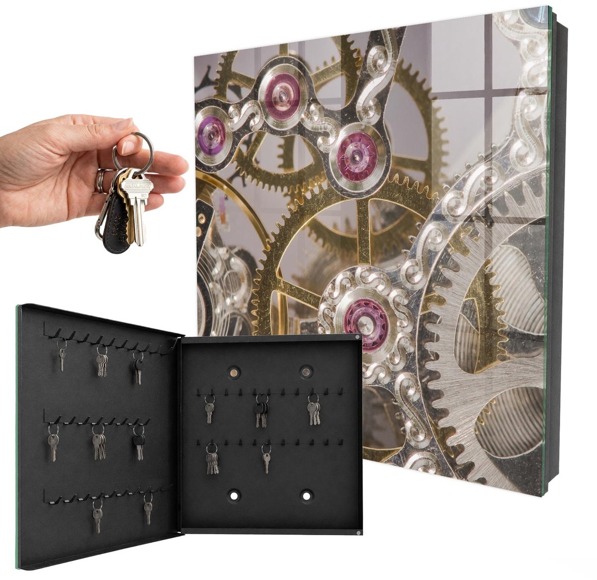 WallMuralia - Sleutelkast - 30x30x5 cm - met 50 haken - Mechanische Elegantie Sleutelkastje Voor Binnen - Grijs Sleutelbox - Linksopenend - Zwart interieur