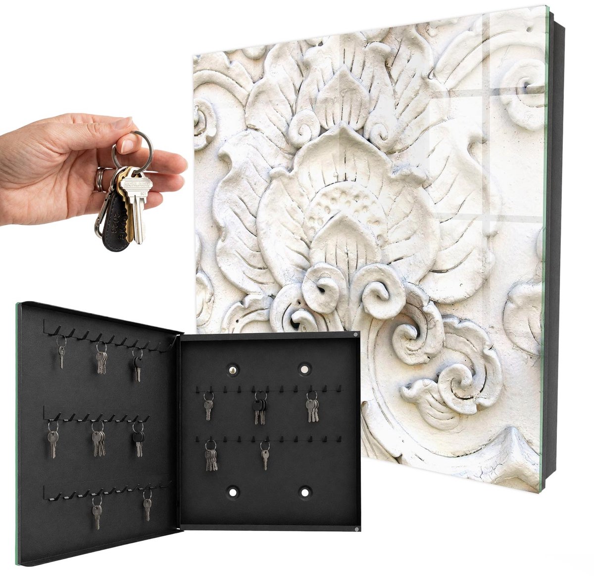 WallMuralia - Sleutelkast - 30x30x5 cm - met 50 haken - Bloemornamenten Sleutelkastje Huis - Wit Sleutelbox - Linksopenend - Zwart interieur