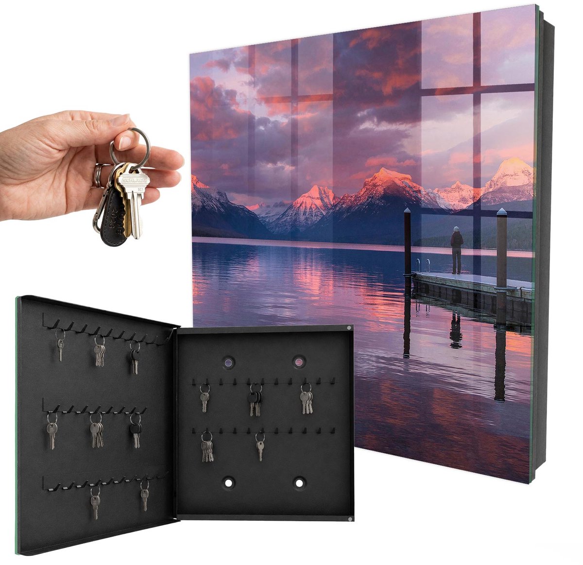 WallMuralia - Sleutelkast - 30x30x5 cm - met 50 haken - Bergmeer Sleutelkastje Hal - Roze Sleutelbox - Linksopenend - Zwart interieur