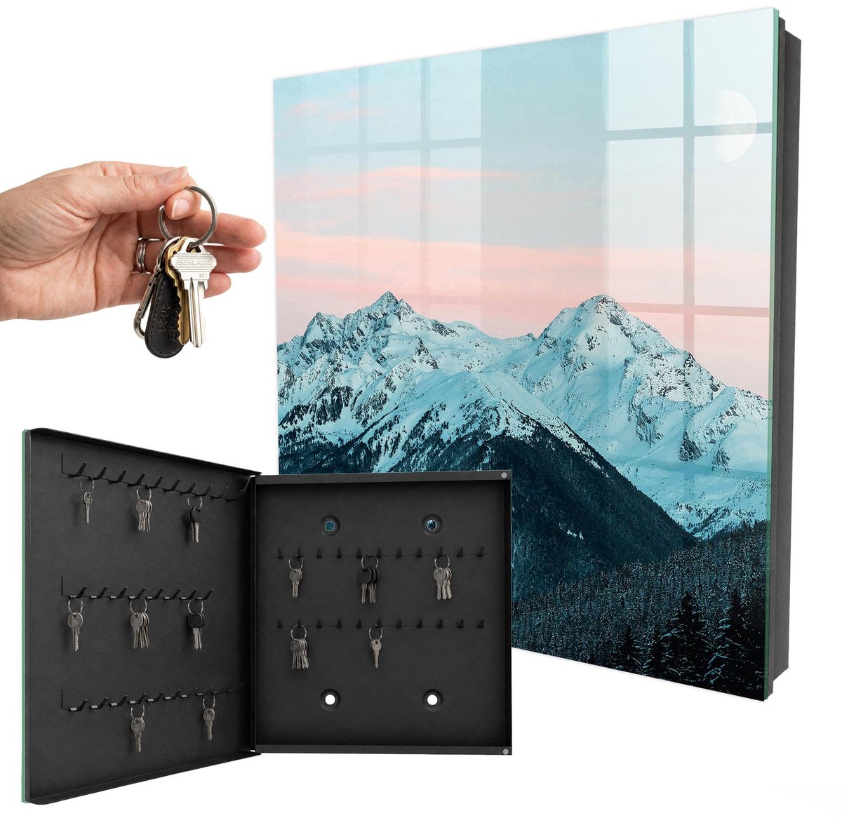 WallMuralia - Sleutelkast - 30x30x5 cm - met 50 haken - Bergvrede Groot Sleutelkastje - Wit Sleutelbox - Linksopenend - Zwart interieur