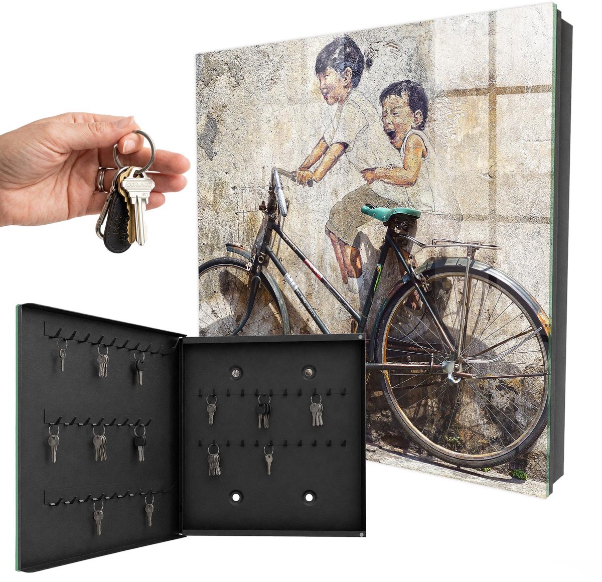 WallMuralia - Sleutelkast - 30x30x5 cm - met 50 haken - Kinderen En Fiets Sleutelkastje Gang - Beige Sleutelbox - Linksopenend - Zwart interieur
