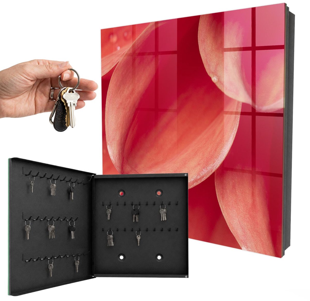 WallMuralia - Sleutelkast - 30x30x5 cm - met 50 haken - Bloemige Intimiteit Design Sleutelkastje - Rood Sleutelbox - Linksopenend - Zwart interieur
