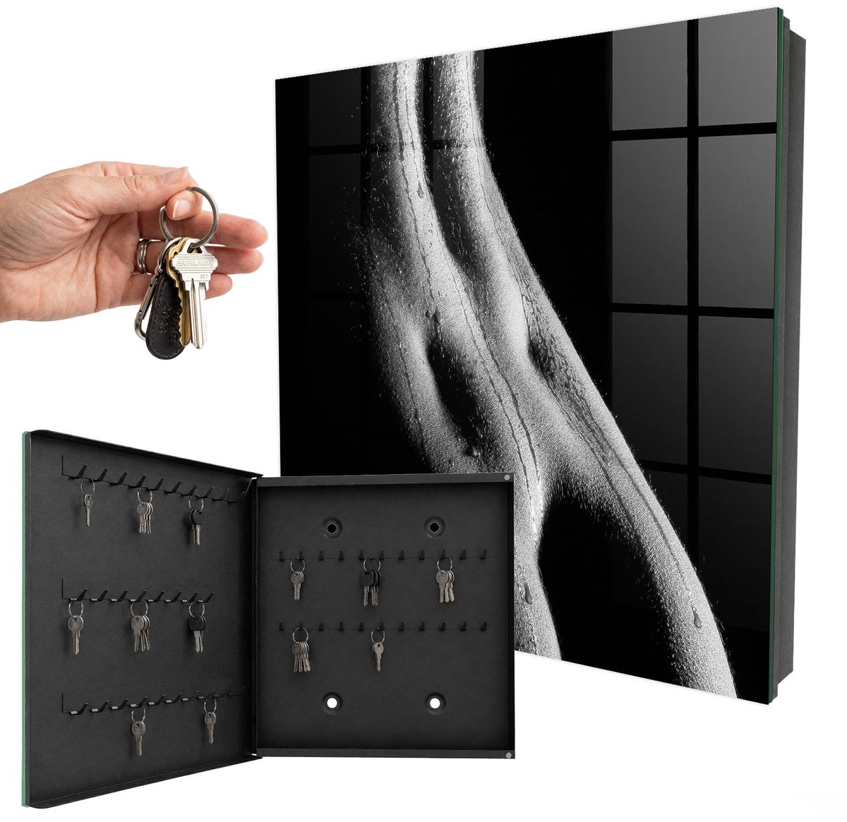 WallMuralia - Sleutelkast - 30x30x5 cm - met 50 haken - Sensuele Elegantie Sleutelkastje Industrieel - Zwart Sleutelbox - Linksopenend - Zwart interieur