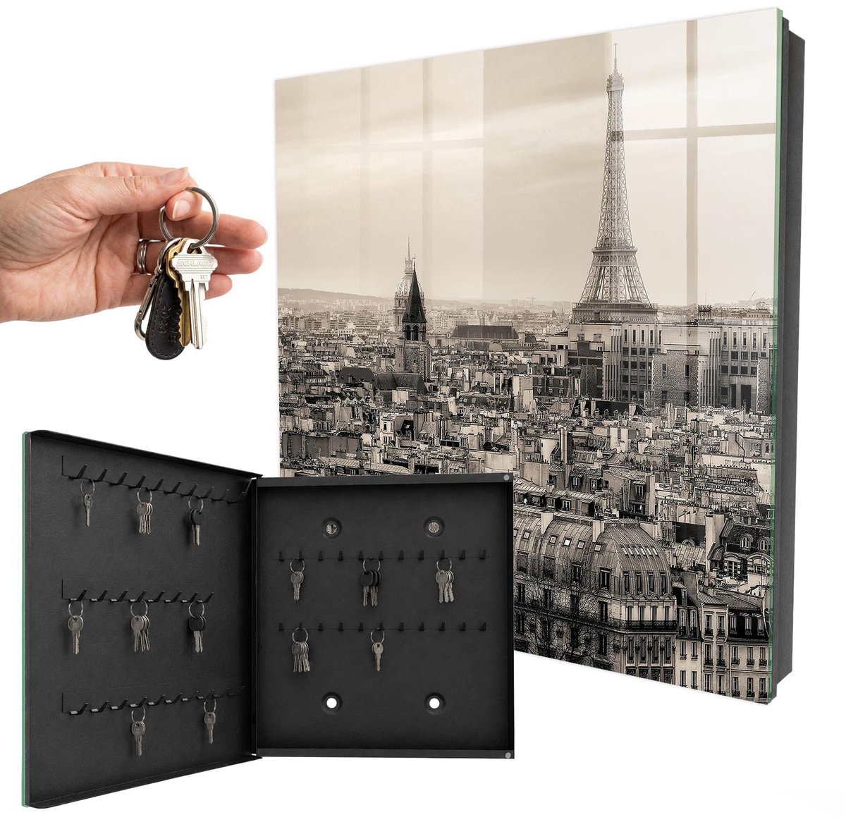 WallMuralia - Sleutelkast - 30x30x5 cm - met 50 haken - Stedelijke Elegantie Design Sleutelkastje - Grijs Sleutelbox - Linksopenend - Zwart interieur