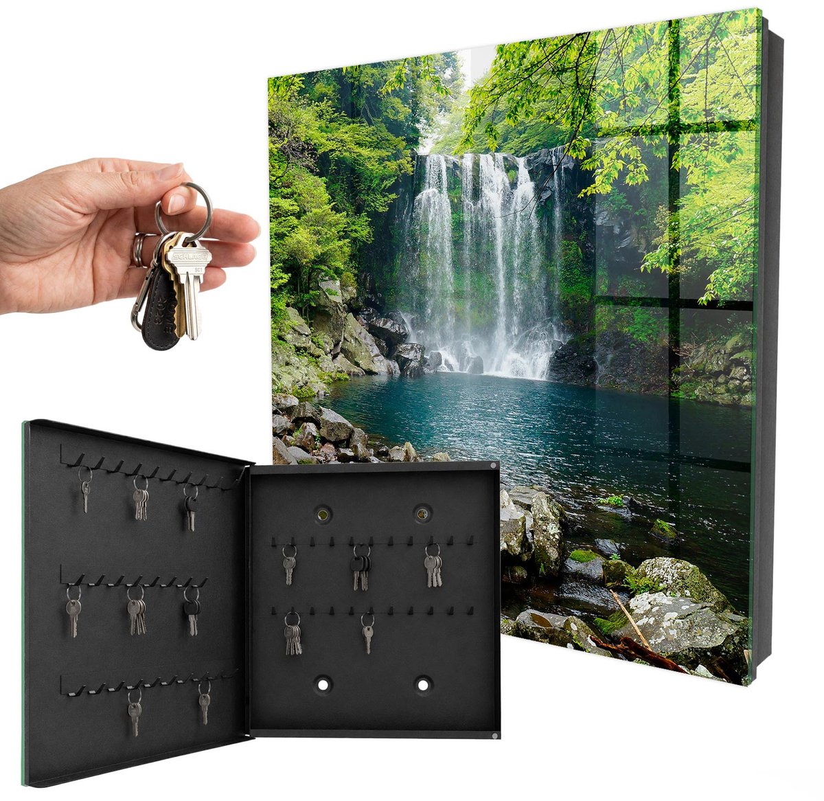 WallMuralia - Sleutelkast - 30x30x5 cm - met 50 haken - Natuurlijke Waterval Sleutelkastje Design - Groente Sleutelbox - Linksopenend - Zwart interieur