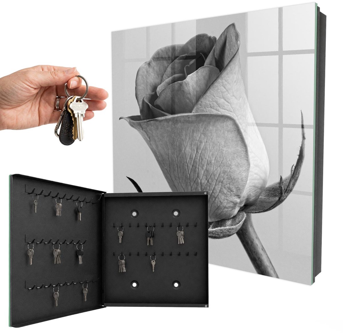 WallMuralia - Sleutelkast - 30x30x5 cm - met 50 haken - Roze Elegantie Sleutelkastje Landelijk - Grijs Sleutelbox - Linksopenend - Zwart interieur