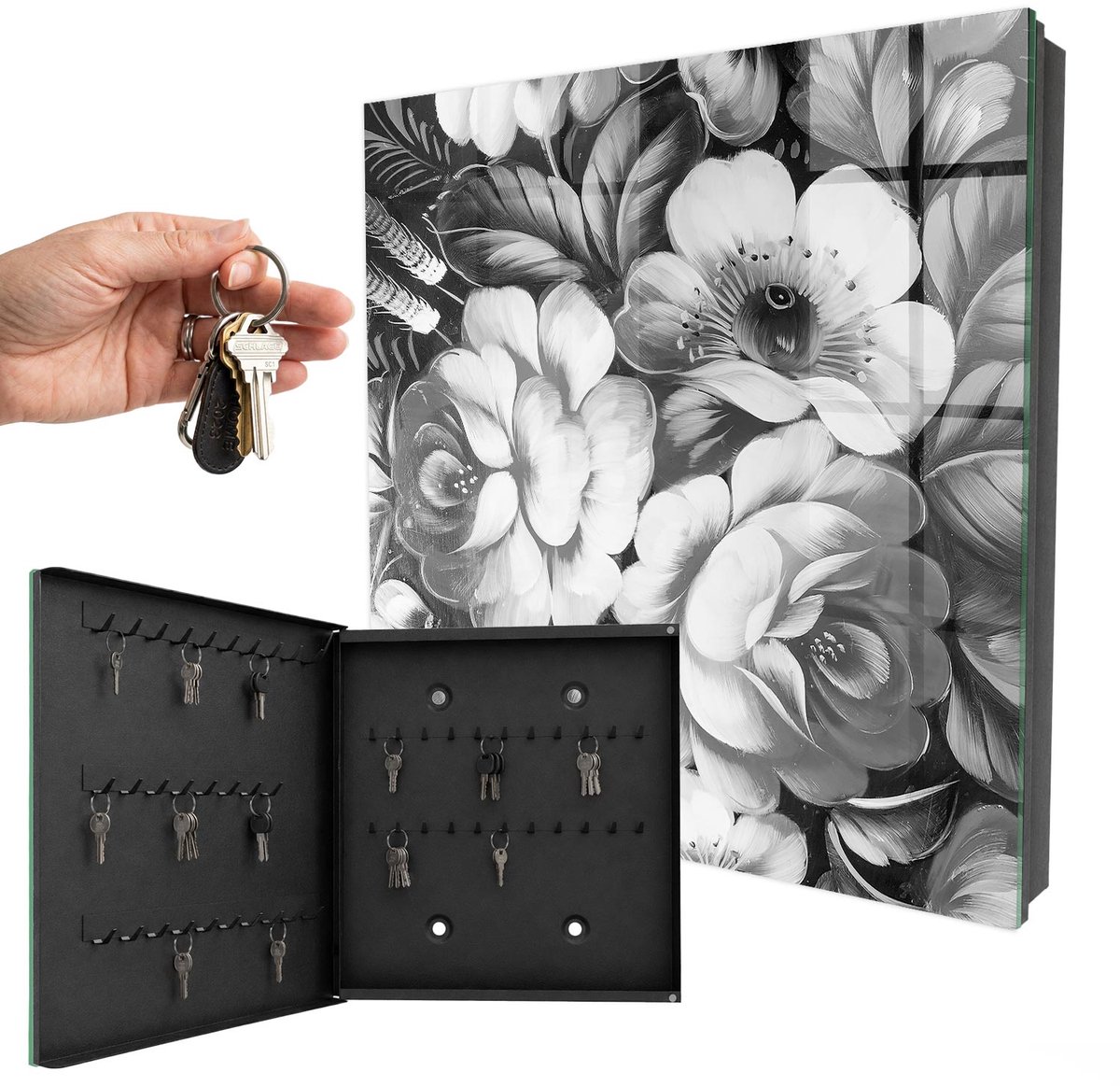 WallMuralia - Sleutelkast - 30x30x5 cm - met 50 haken - Monochromatische Bloemen Sleutelkastje Hal - Grijs Sleutelbox - Linksopenend - Zwart interieur