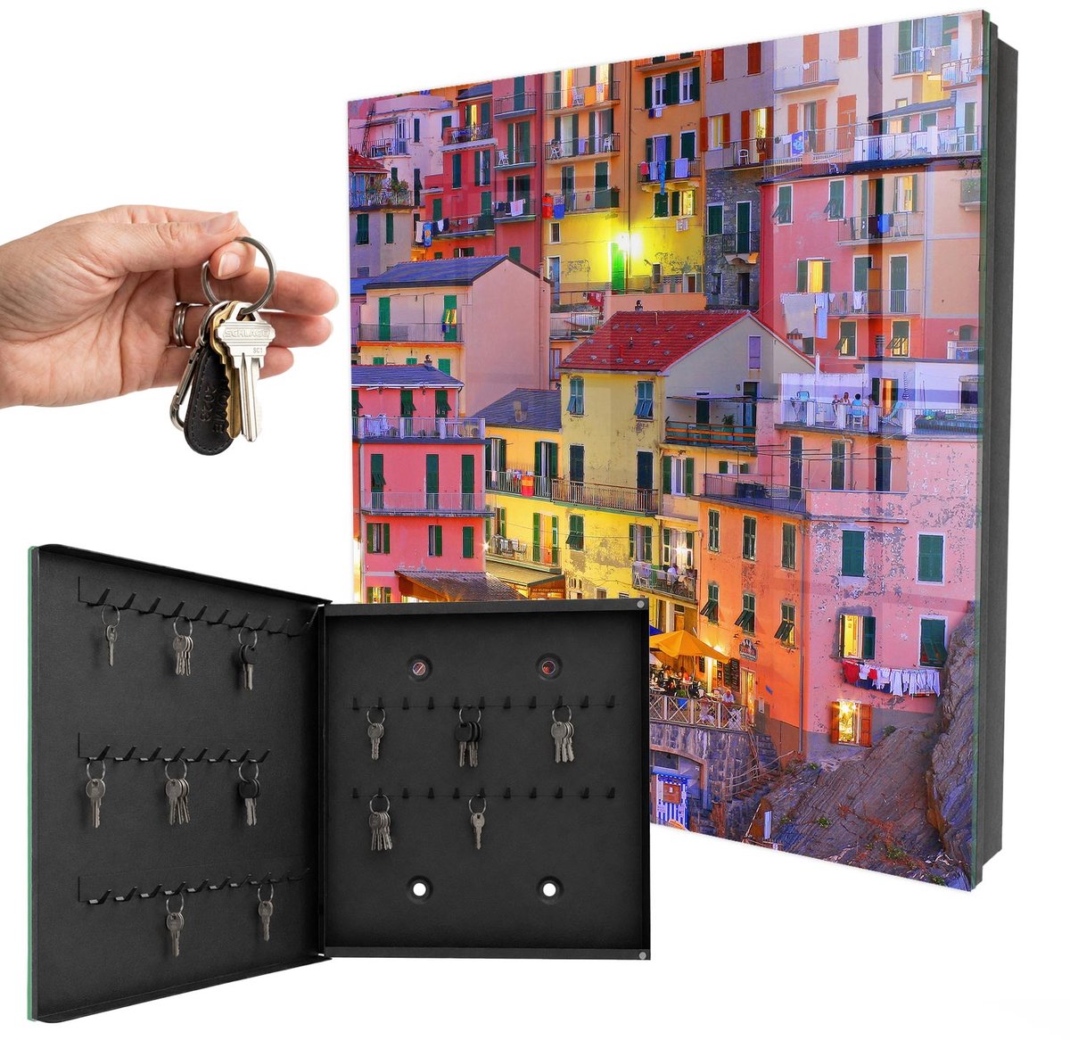 WallMuralia - Sleutelkast - 30x30x5 cm - met 50 haken - Kleuren Van De Stad Sleutelkastje Binnen - Geel Sleutelbox - Linksopenend - Zwart interieur
