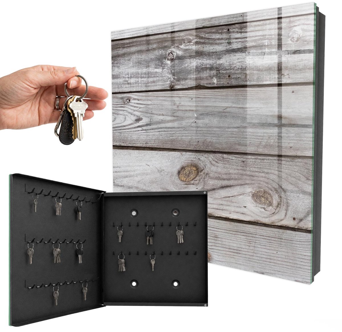 WallMuralia - Sleutelkast - 30x30x5 cm - met 50 haken - Houtstructuur Sleutelkastje Industrieel - Grijs Sleutelbox - Linksopenend - Zwart interieur