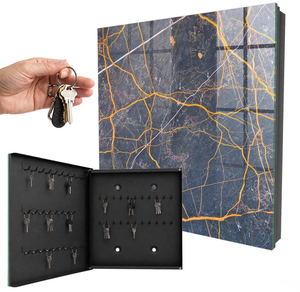 WallMuralia - Sleutelkast - 30x30x5 cm - met 50 haken - Decoratieve Lijnen Sleutelkastje Industrieel - Geel Sleutelbox - Linksopenend - Zwart interieur