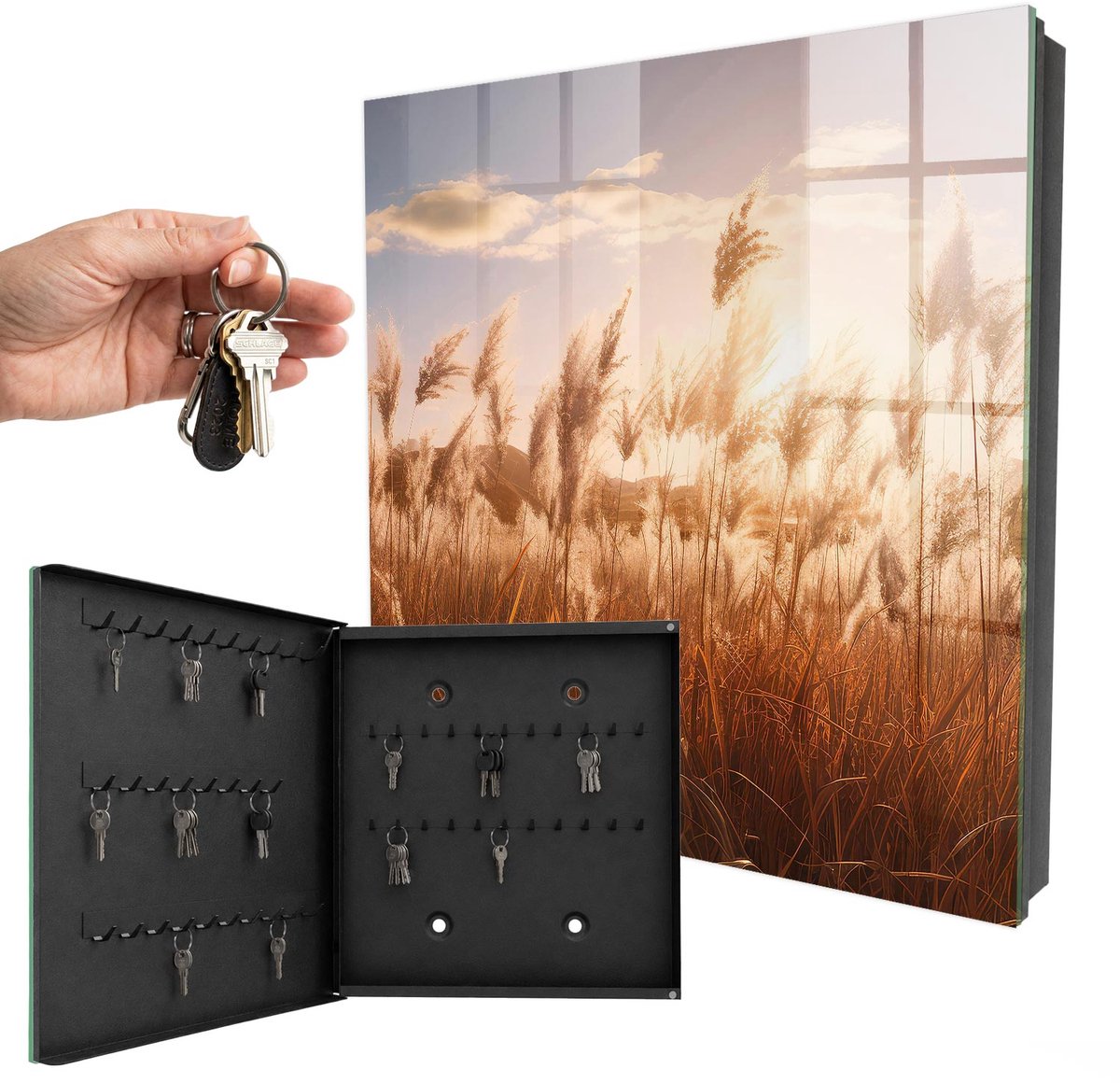 WallMuralia - Sleutelkast - 30x30x5 cm - met 50 haken - Zonsondergang Boven Het Gras Sleutelkastje - Oranje Sleutelbox - Linksopenend - Zwart interieur