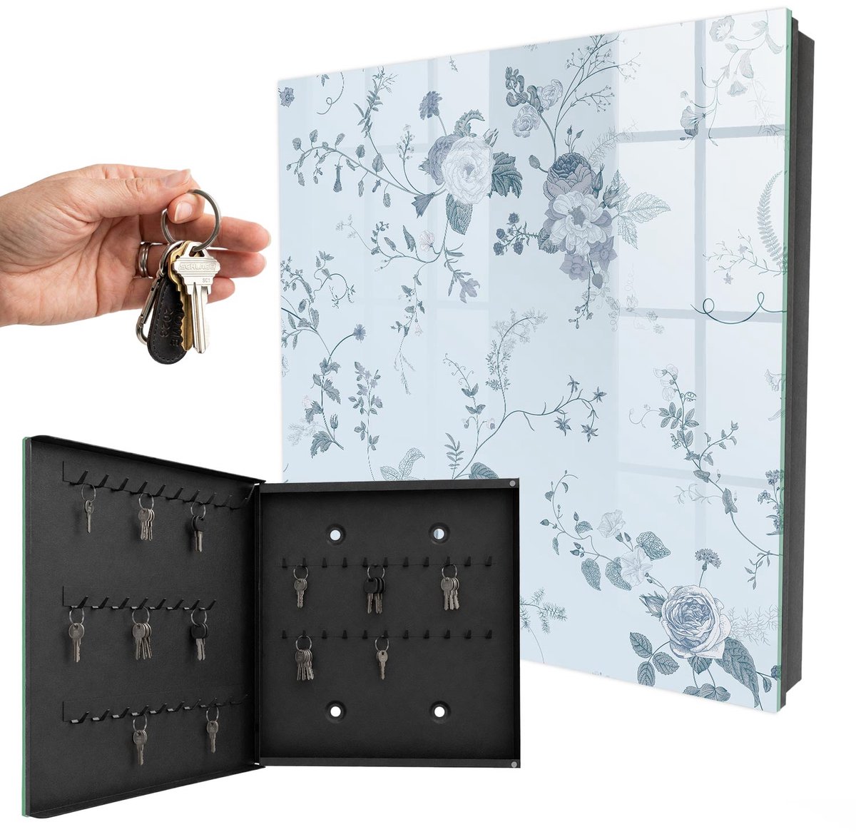 WallMuralia - Sleutelkast - 30x30x5 cm - met 50 haken - Botanische Bloemen Sleutelkastje Binnen - Blauw Sleutelbox - Linksopenend - Zwart interieur