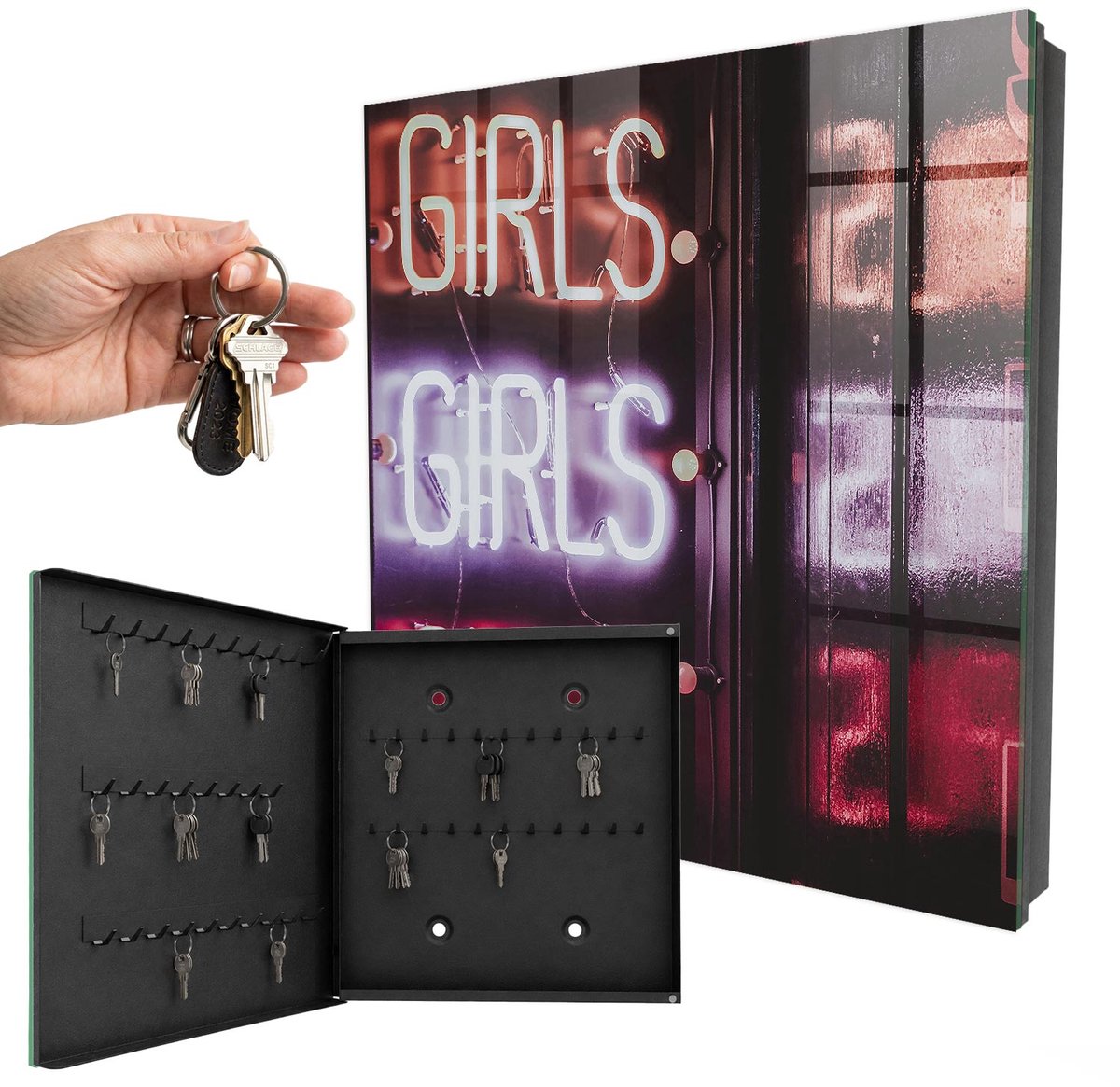 WallMuralia - Sleutelkast - 30x30x5 cm - met 50 haken - Neon Opschrift Sleutelkastje Binnen - Paars Sleutelbox - Linksopenend - Zwart interieur