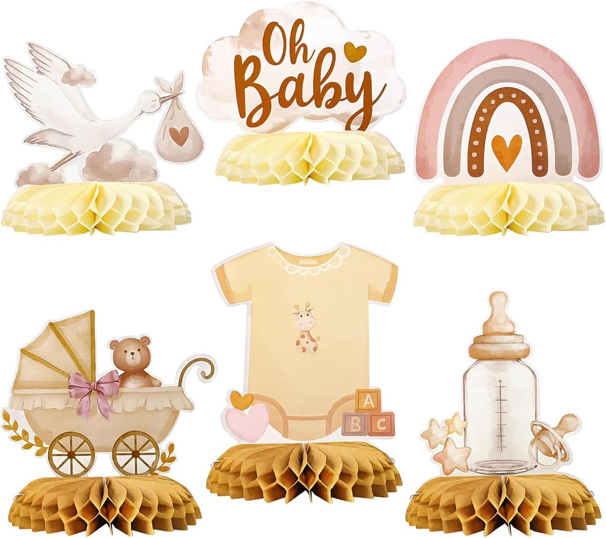 6 stuks babyshowerdecoratie, babyshower, decoratie, ooievaar, babyfeestdecoratie, honingraat, herbruikbaar, babydouche, universeel, voor babyshower, verjaardagsfeest, tuindecoraties (stijl 1)