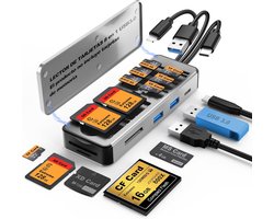 8in1 Multi SD-kaartlezer adapter aluminium met kaartopslag, draagdoos SD/TF/CF/MS/XD/Cfast/Memory Stick Pro Duo USB3.0 C&A-poort voor telefoon/pad/pc/laptop, geen toepassing vereist plug and play