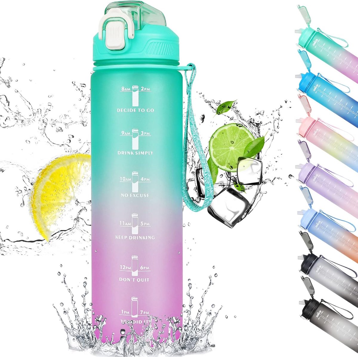 Motiverende waterfles, sportwaterfles van 1 liter met rietje en