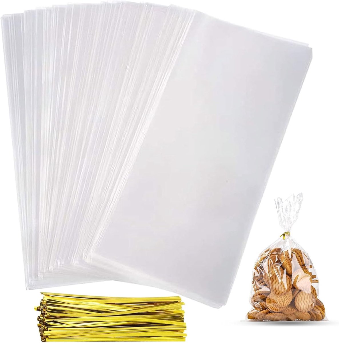 SnelShoppen - Pack van 100 Grote Cellofaan Zakjes Transparant met 100 Gouden Draaiband, Kerst Clear Bags voor Snoep, Koekjes, Taart (25x15cm)