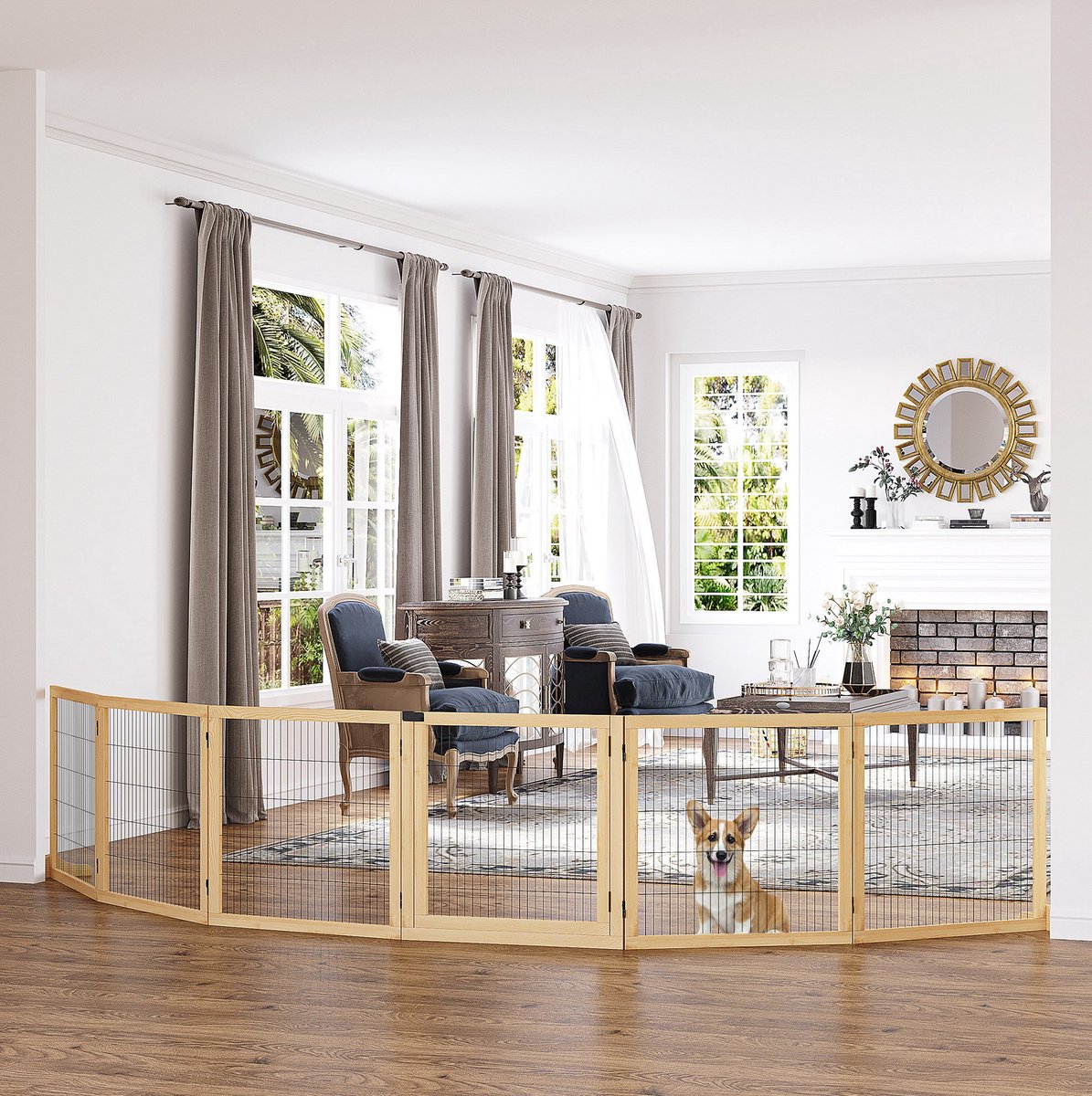REDOM - Hondenhek - Opvouwbaar met steunpoten en vergrendeling - Hout en metaal - Voor hal, dubbele deur en trap - Naturel hout - 432 x 36 x 70 cm