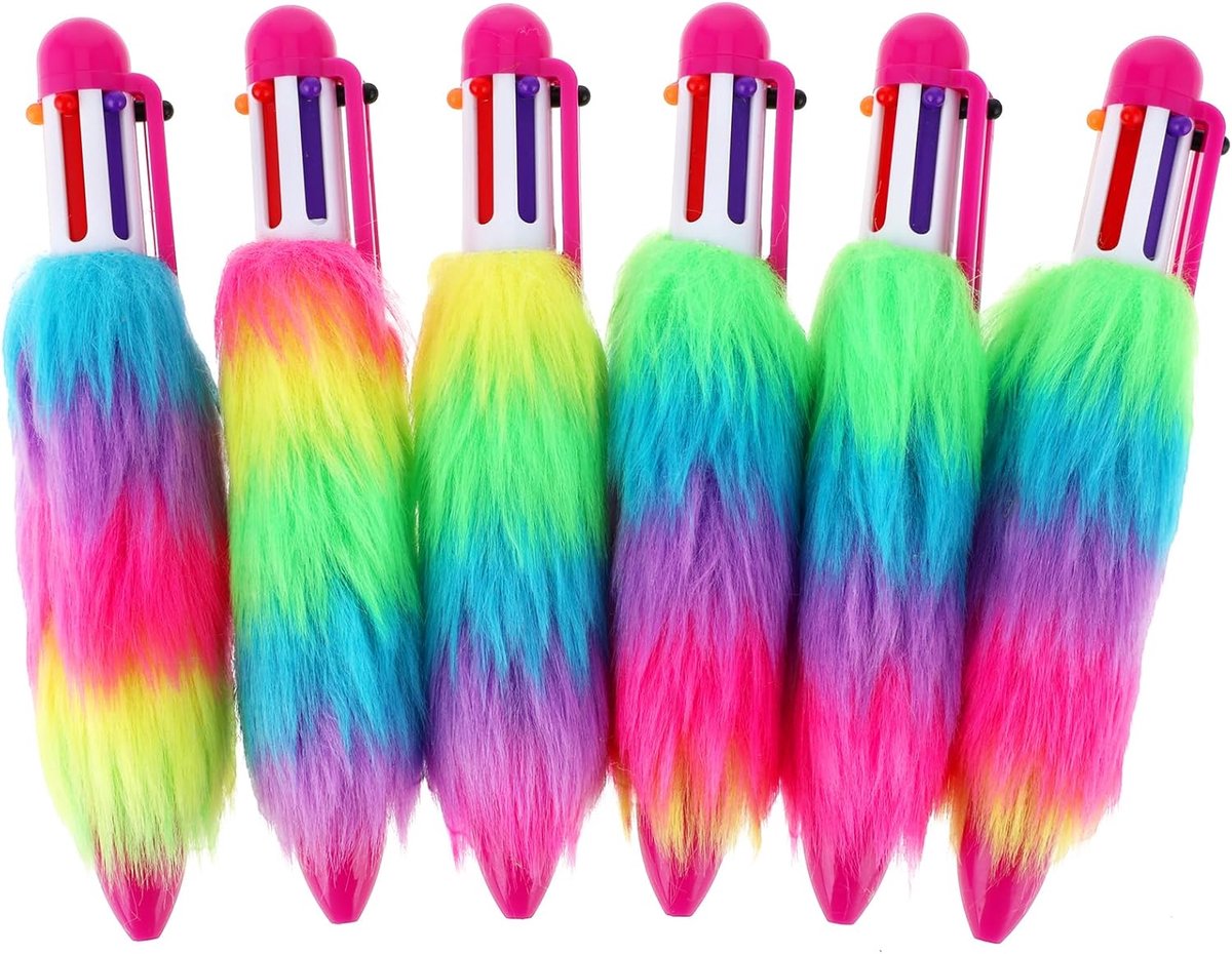 6 Stks 6-in-1 Pluizige Pen, Multicolor Intrekbare Balpen 0.5mm Kleur Balpennen Roze Pluizige Pennen voor Vrouwen Kantoorbenodigdheden Gift