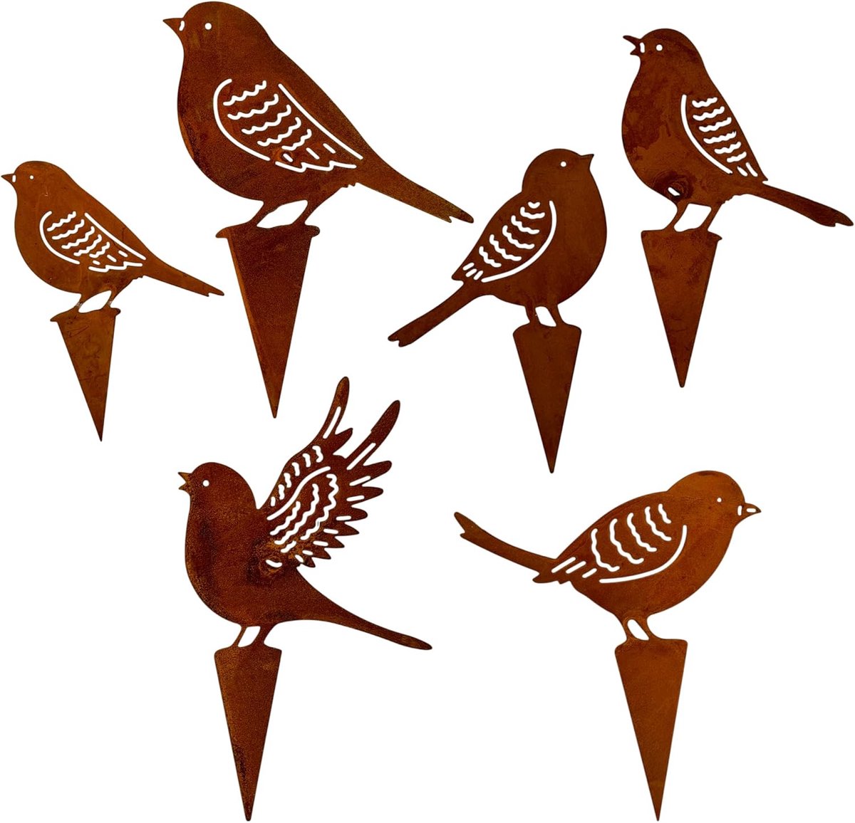Decoratieve stekers vogels set van 6 - metalen silhouetten in roestlook, weerbestendig, tuindecoratie spuit in schaargesneden stijl, voor bloempot en balkon