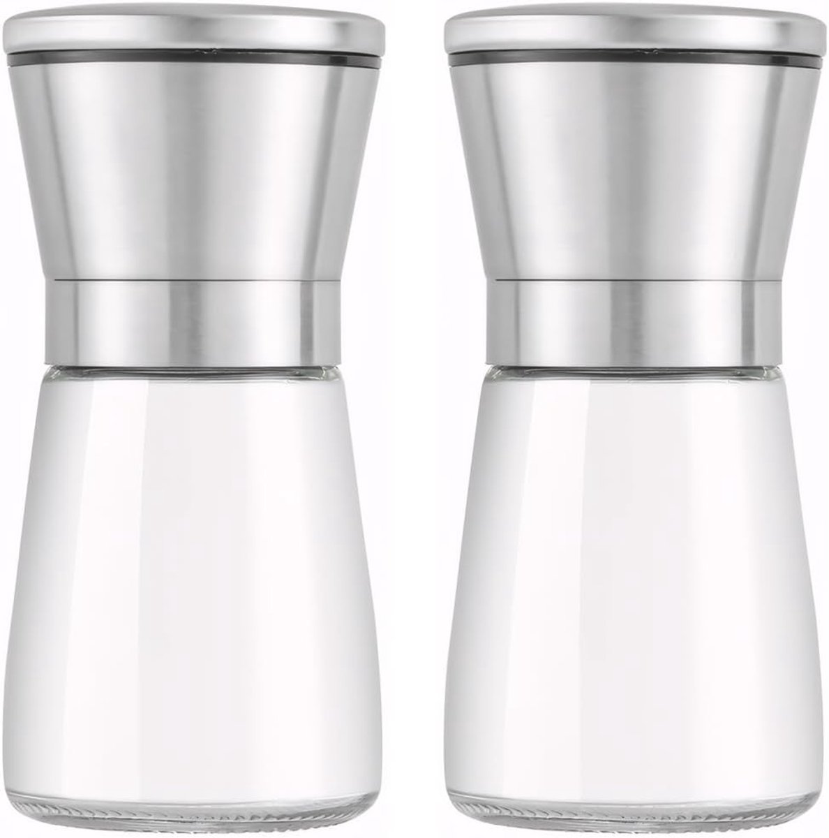 Zout- en pepermolen, set van 2, hoogwaardig glas en roestvrij staal met handmatig verstelbare keramische maalkern, voor peper, zout, specerijen, zonder kruideninhoud (190 ml)